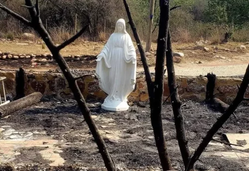 La statua della Madonna rimane intatta durante l'incendio